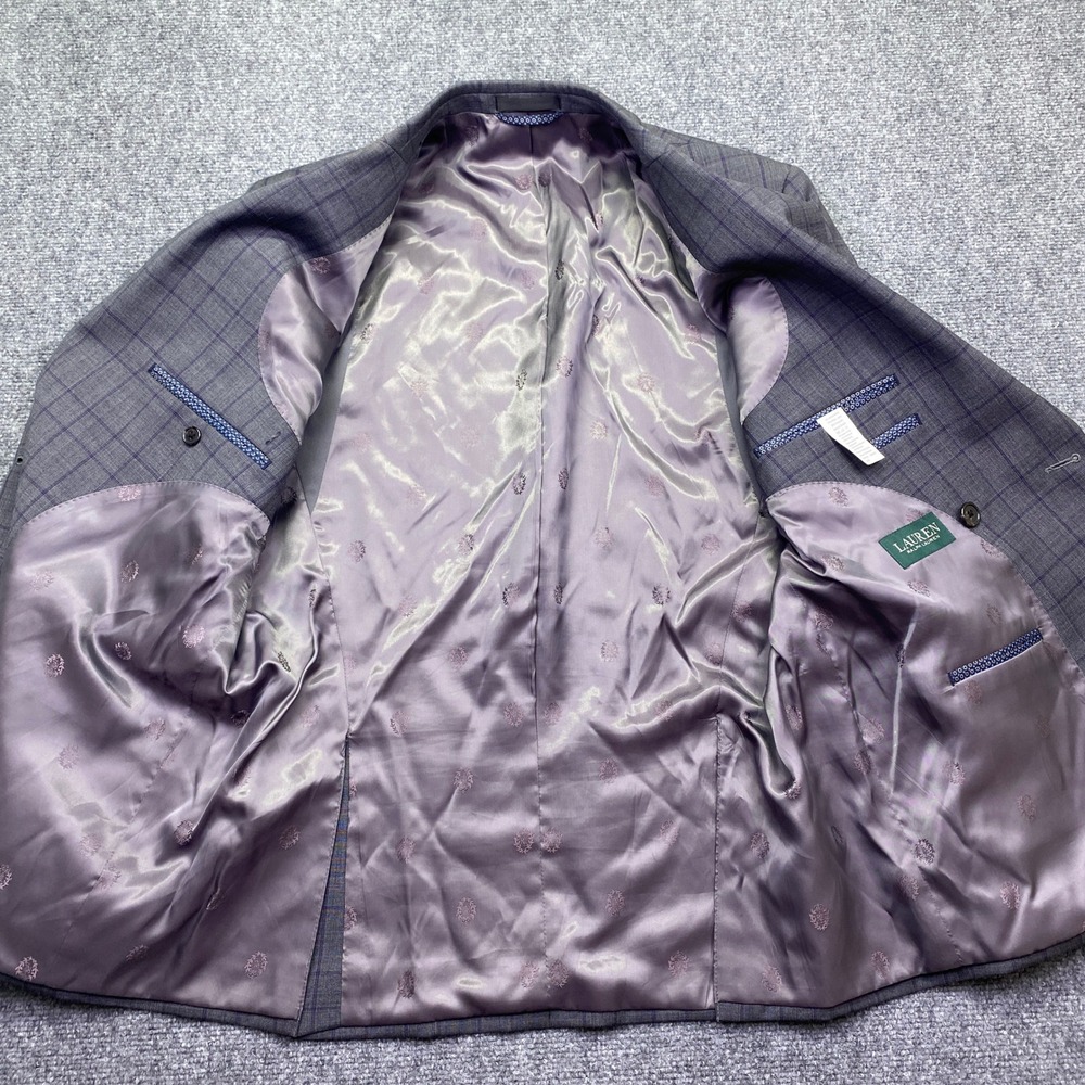 Lauren Ralph Lauren Mens 40R Suit 2 Piece Grey Purple Plaid Double Breasted 34W - Picture 11 of 16
